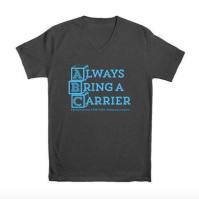 charcoal v-neck with ABC blocks and phrase "always bring a carrier"