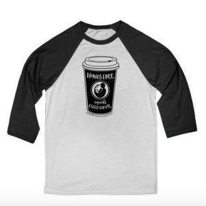 baseball t-shirt with coffee cup image and phrase "hands free equals coffee for me"