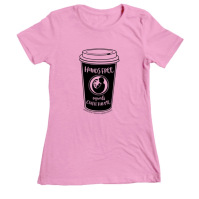 Pink women's fit t-shirt with coffee cup image and phrase "hands free equals coffee for me"