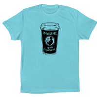 Blue unisex baseball t-shirt with coffee cup image and phrase "hands free equals coffee for me"